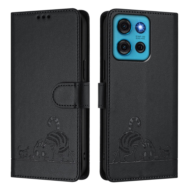 For Motorola Moto G75 Cat Rat Embossed Pattern RFID Leather Phone Case with Lanyard