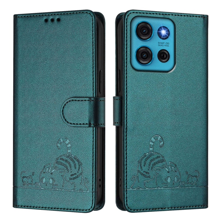 For Motorola Moto G75 Cat Rat Embossed Pattern RFID Leather Phone Case with Lanyard