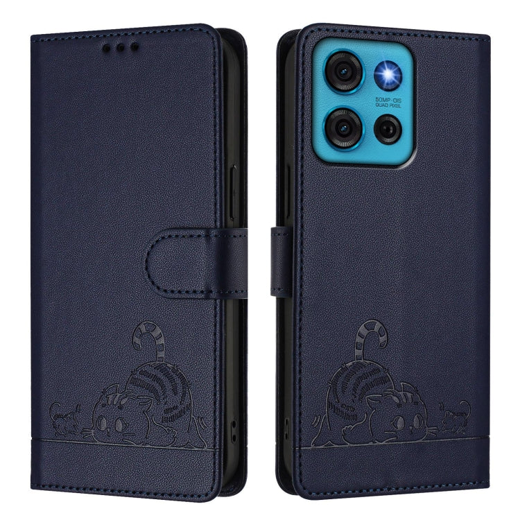 For Motorola Moto G75 Cat Rat Embossed Pattern RFID Leather Phone Case with Lanyard