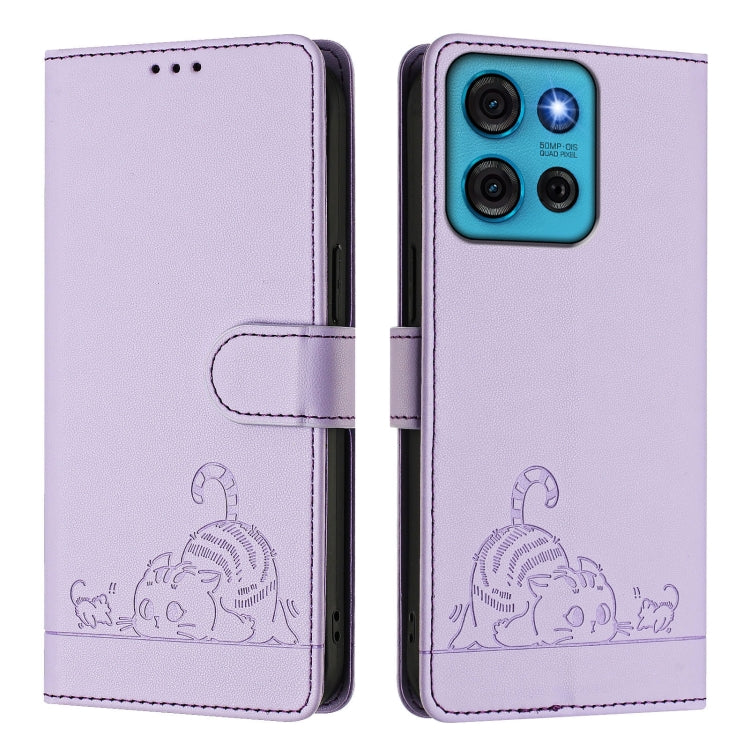 For Motorola Moto G75 Cat Rat Embossed Pattern RFID Leather Phone Case with Lanyard