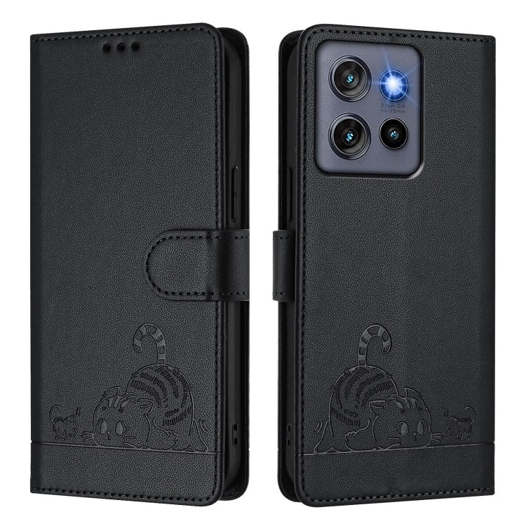 For Motorola Edge 50 Neo Cat Rat Embossed Pattern RFID Leather Phone Case with Lanyard