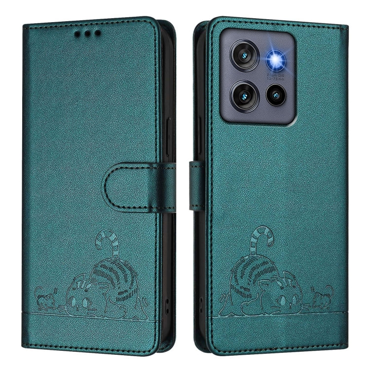 For Motorola Edge 50 Neo Cat Rat Embossed Pattern RFID Leather Phone Case with Lanyard