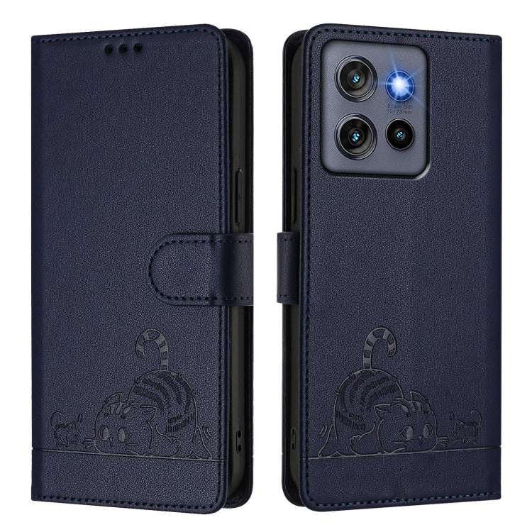 For Motorola Edge 50 Neo Cat Rat Embossed Pattern RFID Leather Phone Case with Lanyard