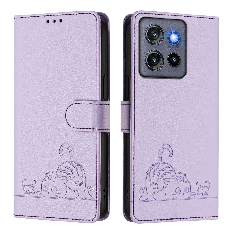 For Motorola Edge 50 Neo Cat Rat Embossed Pattern RFID Leather Phone Case with Lanyard