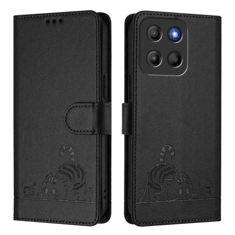 For Motorola Moto G15 Cat Rat Embossed Pattern RFID Leather Phone Case with Lanyard