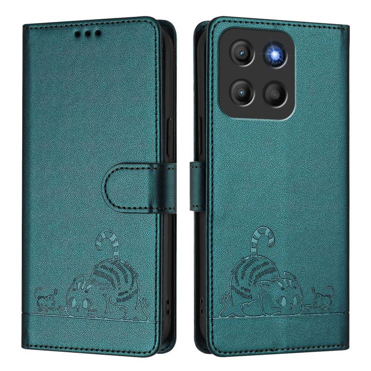 For Motorola Moto G15 Cat Rat Embossed Pattern RFID Leather Phone Case with Lanyard