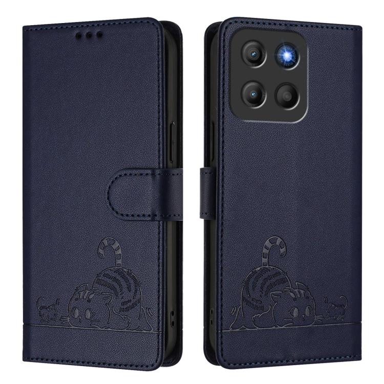For Motorola Moto G15 Cat Rat Embossed Pattern RFID Leather Phone Case with Lanyard
