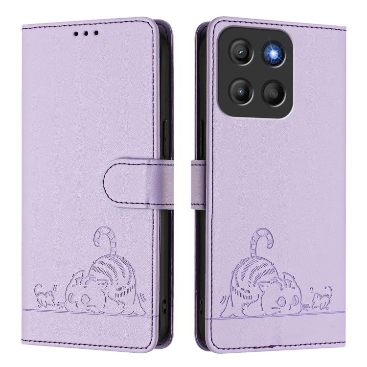 For Motorola Moto G15 Cat Rat Embossed Pattern RFID Leather Phone Case with Lanyard