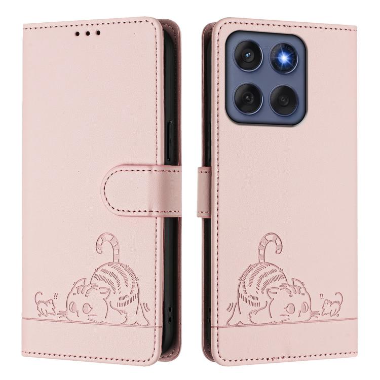 For Motorola Edge 60 Fusion Cat Rat Embossed Pattern RFID Leather Phone Case with Lanyard