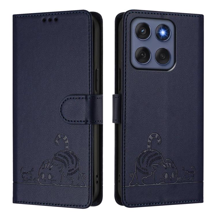 For Motorola Edge 60 Fusion Cat Rat Embossed Pattern RFID Leather Phone Case with Lanyard