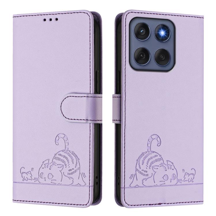 For Motorola Edge 60 Fusion Cat Rat Embossed Pattern RFID Leather Phone Case with Lanyard