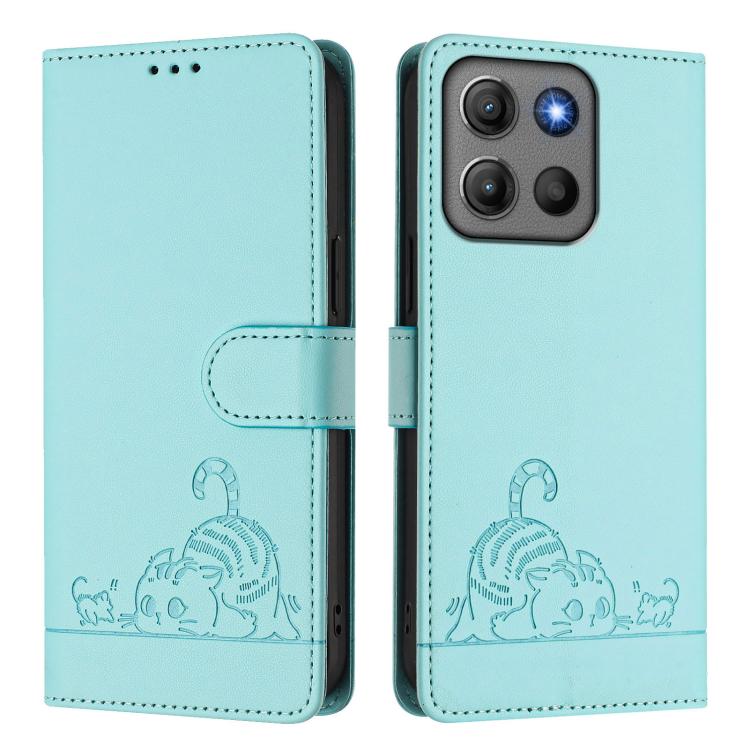 For Motorola Moto G15 / G15 Power Cat Rat Embossed Pattern RFID Leather Phone Case with Lanyard