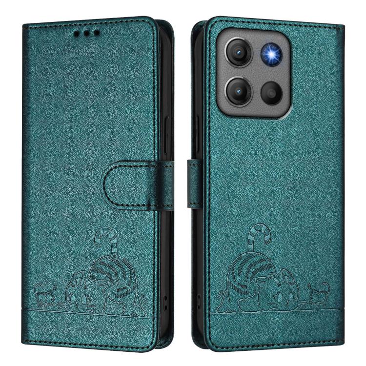 For Motorola Moto G15 / G15 Power Cat Rat Embossed Pattern RFID Leather Phone Case with Lanyard