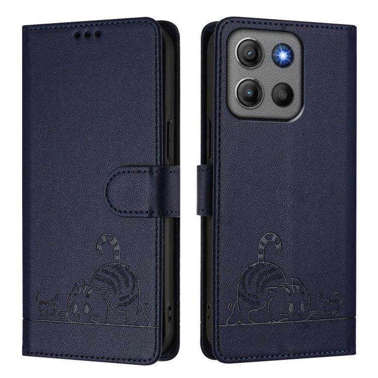 For Motorola Moto G15 / G15 Power Cat Rat Embossed Pattern RFID Leather Phone Case with Lanyard