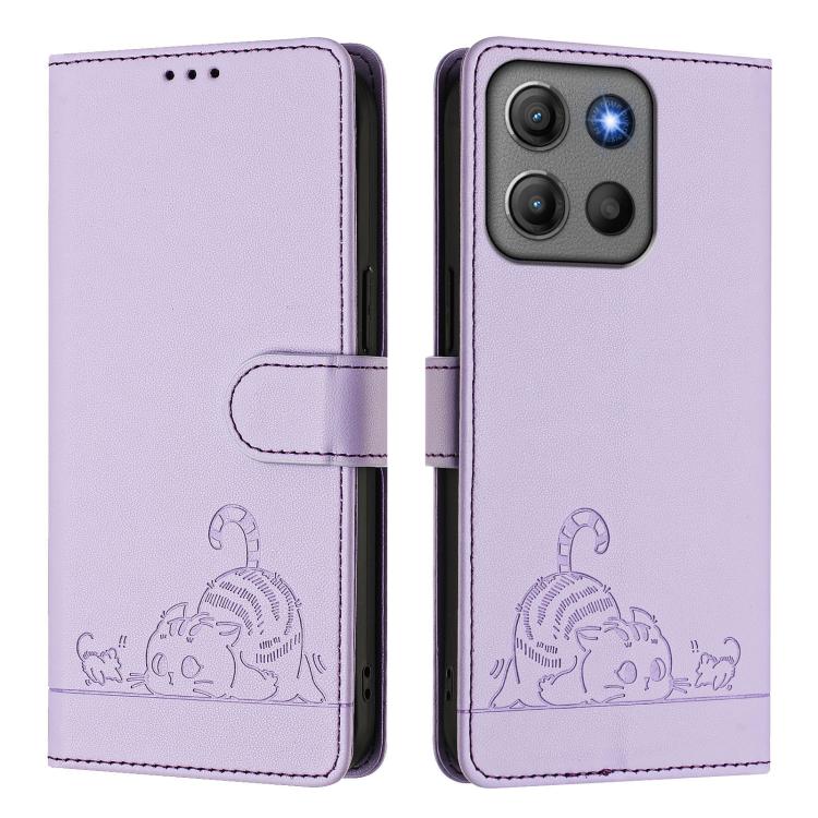 For Motorola Moto G15 / G15 Power Cat Rat Embossed Pattern RFID Leather Phone Case with Lanyard