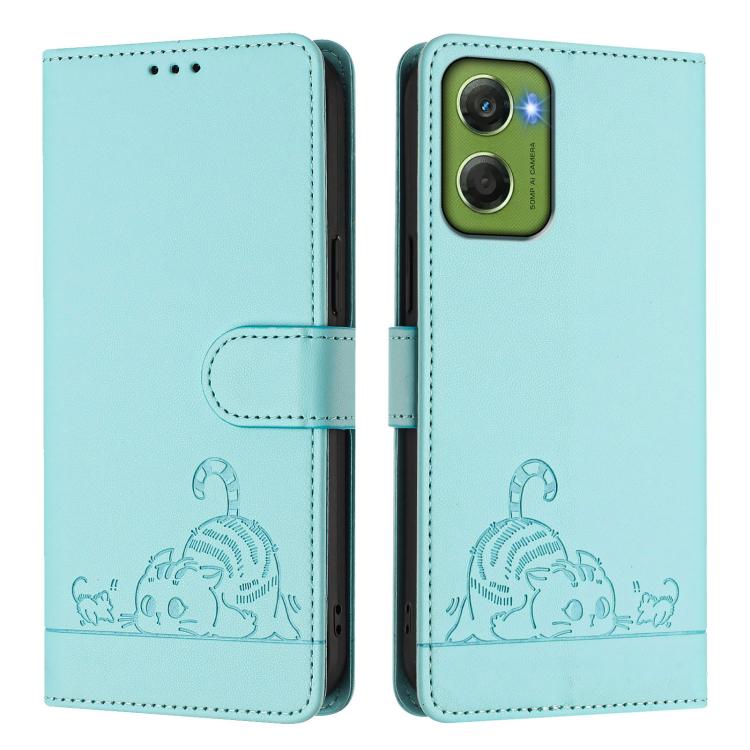 For Motorola Moto G06 4G Cat Rat Embossed Pattern RFID Leather Phone Case with Lanyard