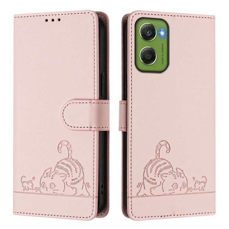 For Motorola Moto G06 4G Cat Rat Embossed Pattern RFID Leather Phone Case with Lanyard