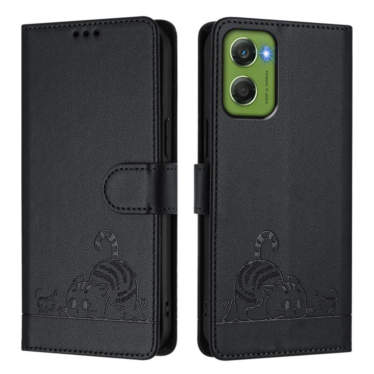 For Motorola Moto G06 4G Cat Rat Embossed Pattern RFID Leather Phone Case with Lanyard