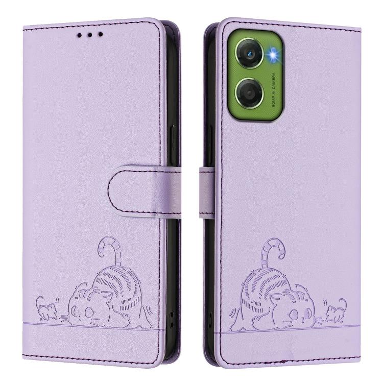 For Motorola Moto G06 4G Cat Rat Embossed Pattern RFID Leather Phone Case with Lanyard