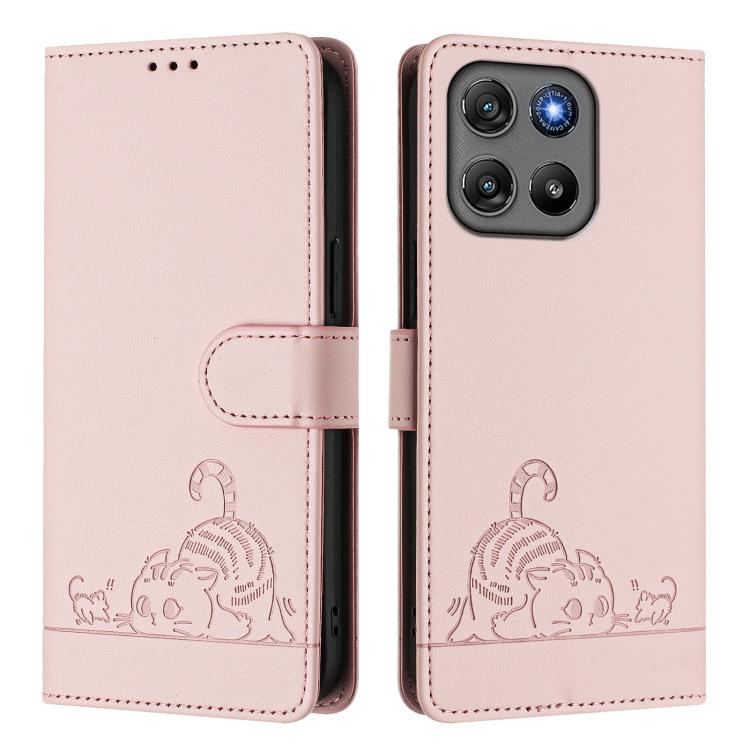 For Motorola Moto G67 Power 5G Global Cat Rat Embossed Pattern RFID Leather Phone Case with Lanyard