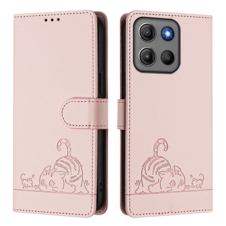 For Motorola Moto G17 4G / G17 Power 4G Cat Rat Embossed Pattern RFID Leather Phone Case with Lanyard
