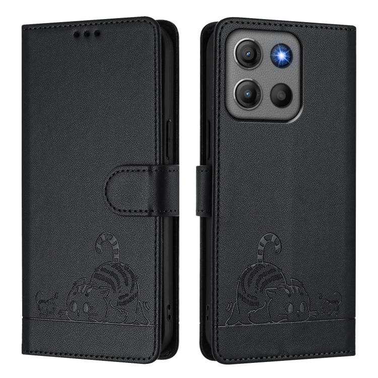 For Motorola Moto G17 4G / G17 Power 4G Cat Rat Embossed Pattern RFID Leather Phone Case with Lanyard