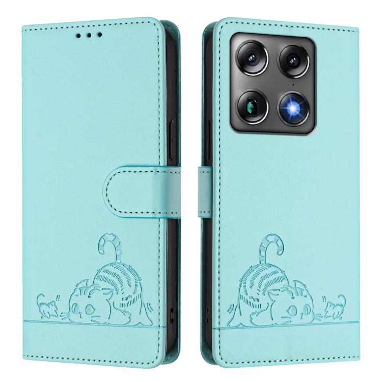 For Motorola Signature 5G Cat Rat Embossed Pattern RFID Leather Phone Case with Lanyard