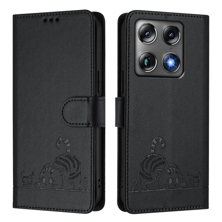 For Motorola Signature 5G Cat Rat Embossed Pattern RFID Leather Phone Case with Lanyard