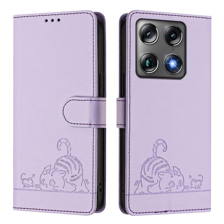 For Motorola Signature 5G Cat Rat Embossed Pattern RFID Leather Phone Case with Lanyard