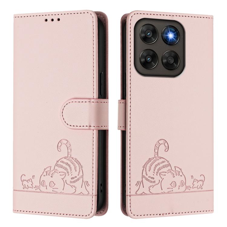 For Motorola Moto G67 5G / G77 5G Global Cat Rat Embossed Pattern RFID Leather Phone Case with Lanyard