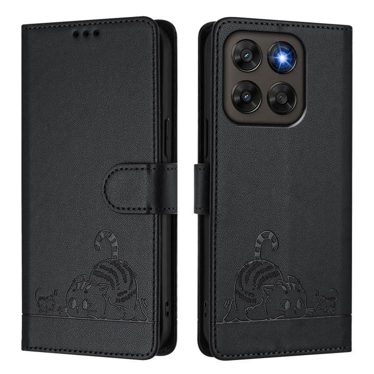 For Motorola Moto G67 5G / G77 5G Global Cat Rat Embossed Pattern RFID Leather Phone Case with Lanyard