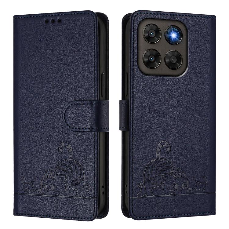 For Motorola Moto G87 / G67 / G77 5G Cat Rat Embossed Pattern RFID Leather Phone Case with Lanyard