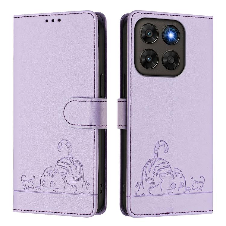 For Motorola Moto G87 / G67 / G77 5G Cat Rat Embossed Pattern RFID Leather Phone Case with Lanyard