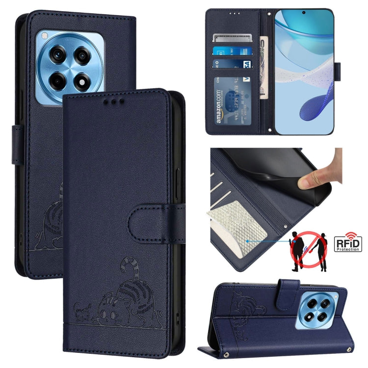 For OnePlus 12R 5G Global Cat Rat Embossed Pattern RFID Leather Phone Case with Lanyard
