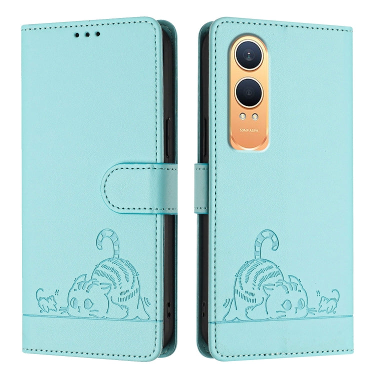 For OnePlus Nord CE4 Lite Cat Rat Embossed Pattern RFID Leather Phone Case with Lanyard
