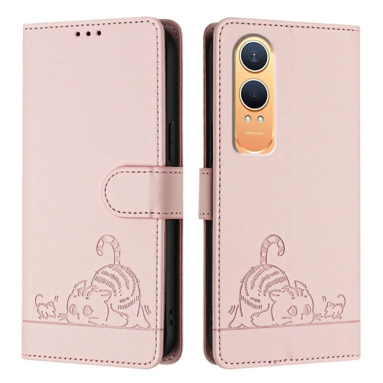 For OnePlus Nord CE4 Lite Cat Rat Embossed Pattern RFID Leather Phone Case with Lanyard