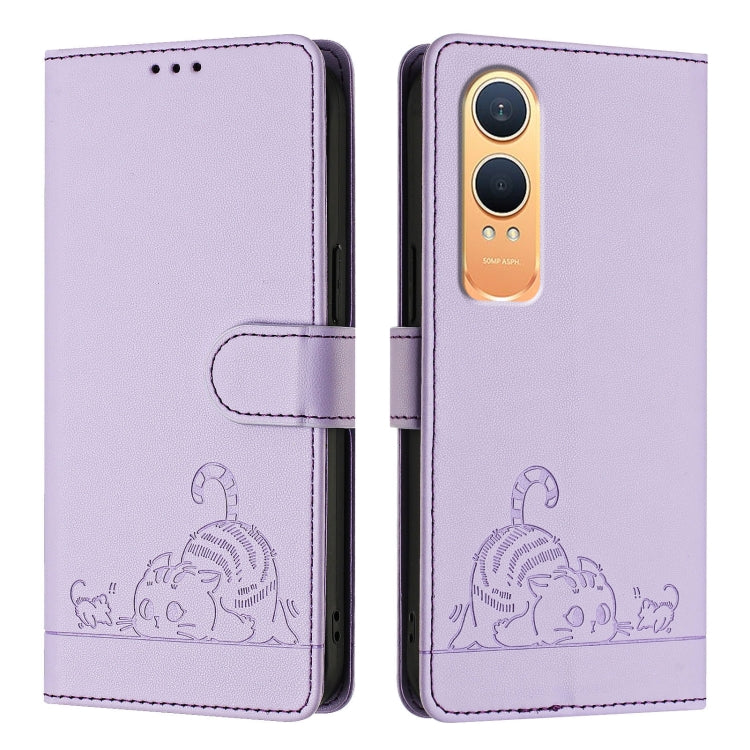 For OnePlus Nord CE4 Lite Cat Rat Embossed Pattern RFID Leather Phone Case with Lanyard