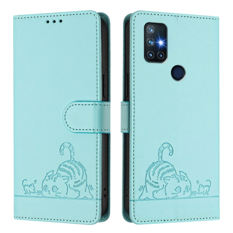 For OnePlus Nord N10 5G Cat Rat Embossed Pattern RFID Leather Phone Case with Lanyard