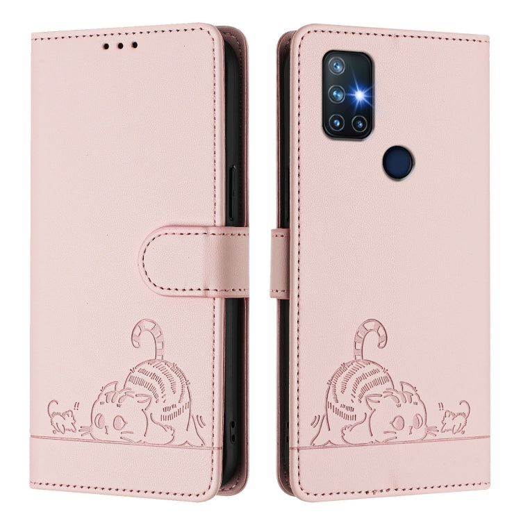For OnePlus Nord N10 5G Cat Rat Embossed Pattern RFID Leather Phone Case with Lanyard