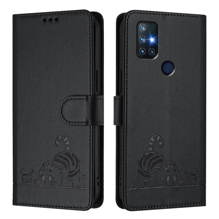 For OnePlus Nord N10 5G Cat Rat Embossed Pattern RFID Leather Phone Case with Lanyard