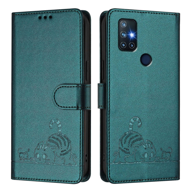 For OnePlus Nord N10 5G Cat Rat Embossed Pattern RFID Leather Phone Case with Lanyard