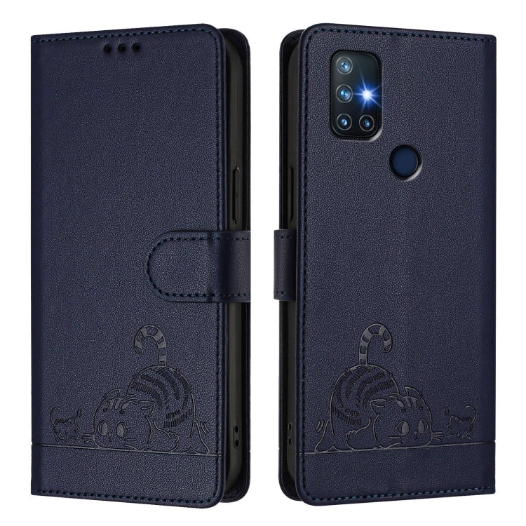 For OnePlus Nord N10 5G Cat Rat Embossed Pattern RFID Leather Phone Case with Lanyard