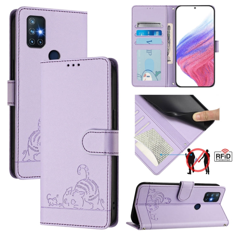For OnePlus Nord N10 5G Cat Rat Embossed Pattern RFID Leather Phone Case with Lanyard