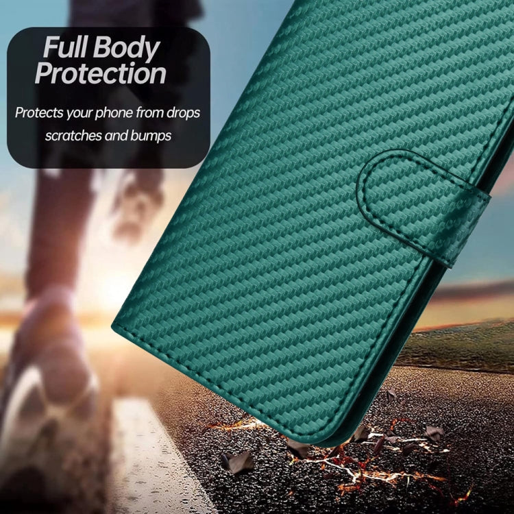 For Samsung Galaxy A20 JP Version YX0070 Carbon Fiber Buckle Leather Phone Case with Lanyard