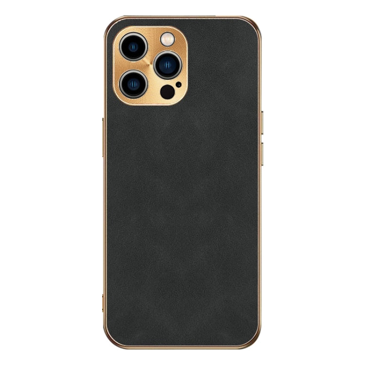 For iPhone 14 Pro Max Electroplating Lambskin Leather Phone Case