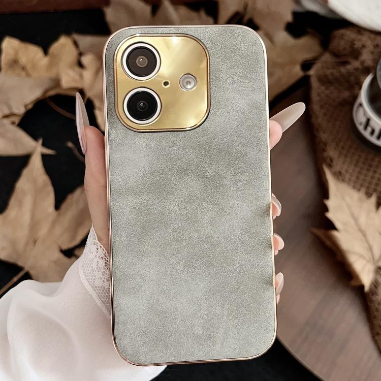 For iPhone 16 Plus Electroplating Lambskin Leather Phone Case