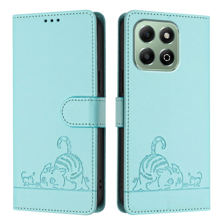 For Honor X6b Cat Rat Embossed Pattern RFID Leather Phone Case with Lanyard