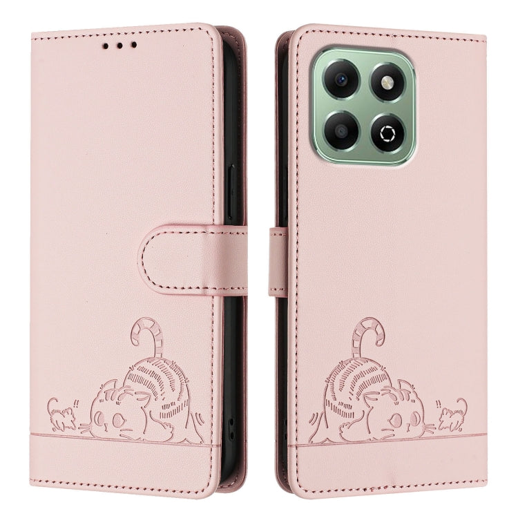 For Honor X6b Cat Rat Embossed Pattern RFID Leather Phone Case with Lanyard