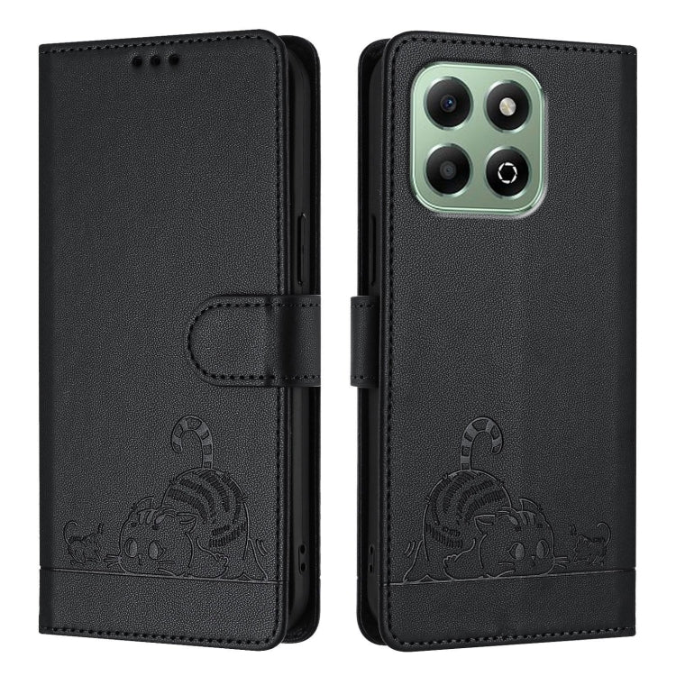 For Honor X6b Cat Rat Embossed Pattern RFID Leather Phone Case with Lanyard