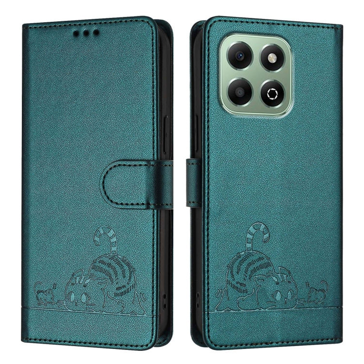 For Honor X6b Cat Rat Embossed Pattern RFID Leather Phone Case with Lanyard